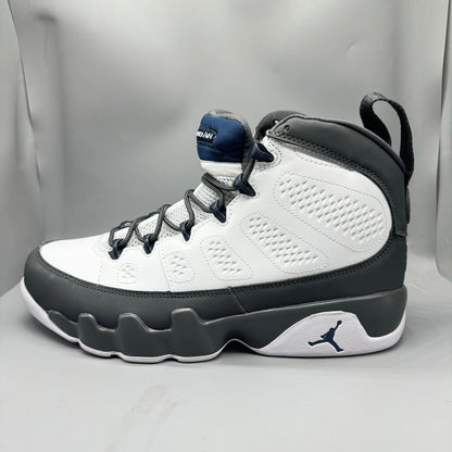Air Jordan 9 Retro "Flint Grey" sneakers with white, French blue, and Flint grey colors