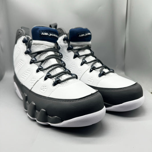 Air Jordan 9 Retro "Flint Grey" sneakers with white, French blue, and Flint grey colors