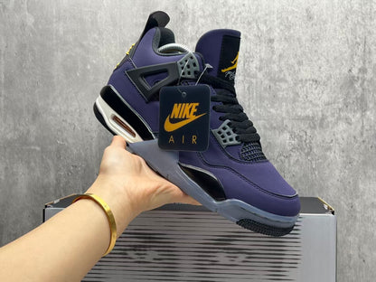 Air Jordan 4 Retro "Lakers" sneaker in an Imperial Purple nubuck upper with black and yellow accents
