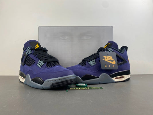 Air Jordan 4 Retro "Lakers" sneaker in an Imperial Purple nubuck upper with black and yellow accents