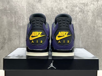 Air Jordan 4 Retro "Lakers" sneaker in an Imperial Purple nubuck upper with black and yellow accents