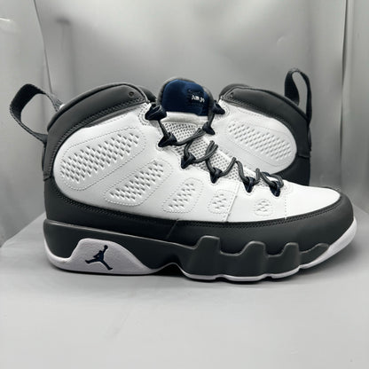 Air Jordan 9 Retro "Flint Grey" sneakers with white, French blue, and Flint grey colors