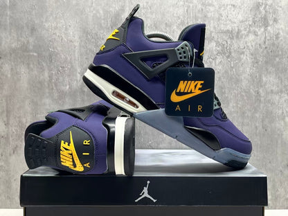 Air Jordan 4 Retro "Lakers" sneaker in an Imperial Purple nubuck upper with black and yellow accents